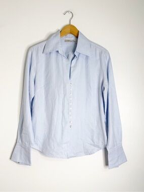 Farinaz Taghavi Blue Wool Button Front Blouse Size 12 Made in Canada